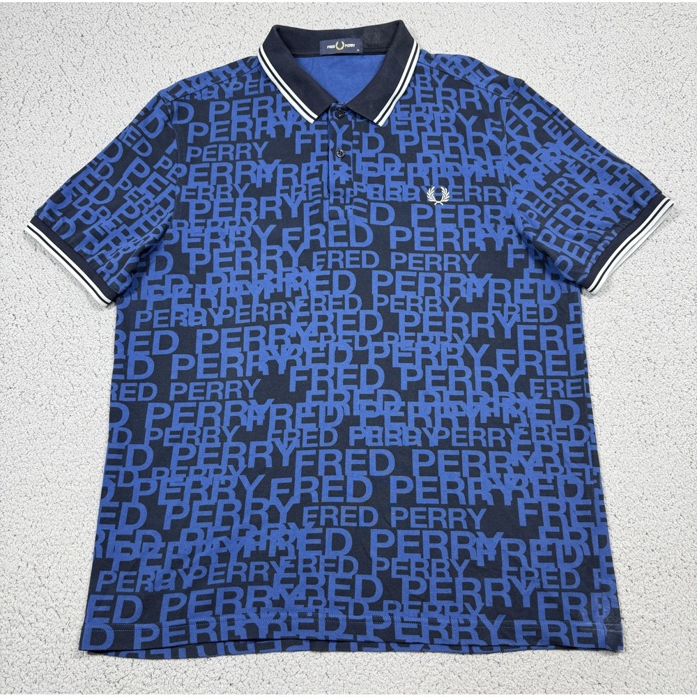 Fred Perry Polo Shirt Mens XL Blue All Over Logo Print Cotton Pique Casual M6611